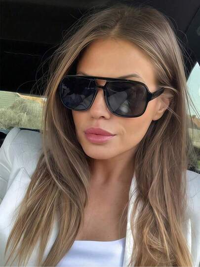 1pc Retro Double Bridge Square Glasses, High-End Street Photography, Fashionable Vintage, Suitable For Beach Vacation