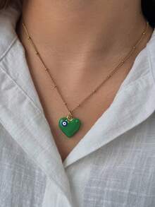 1pc Y2K Stainless Steel Multi-Color Heart & Eye Pendant Necklace For Women, Suitable For Christmas, Thanksgiving, Autumn/Winter Daily Wear, Great Gift