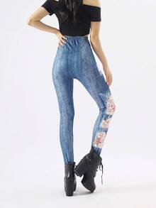 1 Pair Blue Denim Snowflake & Christmas Print Leggings, Minimalist Skinny Pants, Autumn/Winter