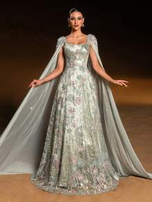 GIFORU Luxury Mint Floral Applique Gown , Square Neck Cascading Sleeves With 3D Blossoms & Cathedral Train For Garden Soirees, Opera Nights And Red Carpet Galas Wedding Prom Dress Wedding Dresses For Bride Formal Dresses For Women - 草綠色 - 查看 6