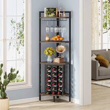Tribesigns 4 Tier Corner Wine Rack With Glass Holder And Storage Shelves, 63" Tall Industrial Corner Bar Corner Wine Cabinet Corner Wine Shelf For Living Room, Small Space - Brown - View 4