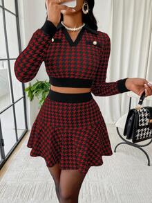 AIJ Bộ đồ 2 món Amarilo dành cho nữ mùa thu, họa tiết kẻ caro răng cưa gợi cảm, cổ chữ V, tay dài và chân váy ngắn (họa tiết ngẫu nhiên) - Đỏ sẫm - Xem 9