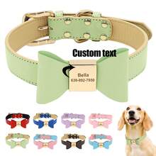 Customized PU Leather Pet Collar With Engraved Dog Name, Cute Bowknot, Adjustable Neck Strap, Anti-Lost For Small/Medium Dogs & Cats, Available In Red, Pink, Blue, Brown