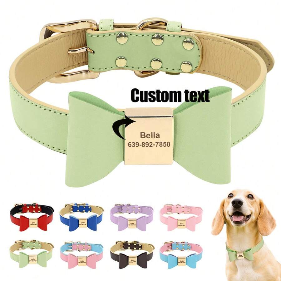 Customized PU Leather Pet Collar With Engraved Dog Name, Cute Bowknot, Adjustable Neck Strap, Anti-Lost For Small/Medium Dogs & Cats, Available In Red, Pink, Blue, Brown