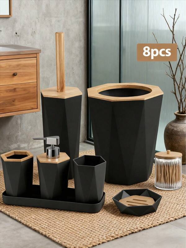 8 Pieces Bathroom Accessories Set,Bathroom Supplies Including Toilet Brush, Trash Can, Toothbrush Holder, Soap Dispenser, Soap Dish, Bathroom Tumbler, Bathroom Tray And Qtip Holder,Bamboo Details, Suitable For Home Cleaning Tool,Home Bathrooms, Guest Baths,New Homes & Rentals,  Gifts, Durable & Stylish