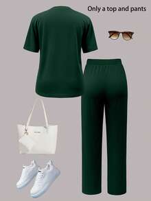 Women's Casual Solid Color Round Neck Short Sleeve Top And Elastic Waist Pocket Wide Leg Straight Pants 2 Piece Set, Lightweight Non-Sheer Polyester Fabric, Spring/Summer/Autumn - Green - View 4