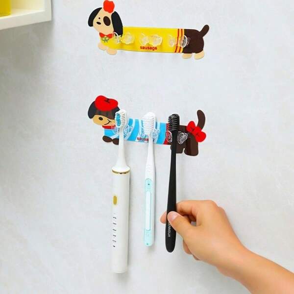 1pc Cartoon Dog Wall-Mounted Toothbrush Holder Bathroom Hair Tie And Glasses Hook Home No Punching U-Shaped Slot Storage Rack Creative Kitchen Socket Storage Holder
