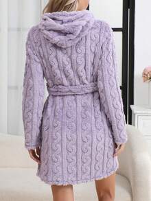 1 件女士纯色罗纹和服长袍，简约系带睡衣浴袍，春/秋/冬 - 紫色 - 查看 4