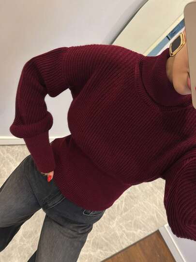 Women's Turtleneck Elegant Ribbed Texture Long Sleeve Cinched Waist Pullover Sweater, Going Out Outfits, Ribbed Knit Top, Vintage Style, Christmas Clothes, Fall Women Clothes