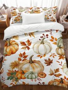 3pcs Watercolor Style Autumn Feast Print Duvet Cover Set (1*Duvet Cover + 2*Pillowcase, Without Core), Vintage Warm, Interwoven With Pumpkin And Autumn Leaves, Soothing Visual Fatigue, Suitable For All Seasons, Suitable For Hotel, Bedroom, Guest Room And Dormitory Decoration Bedding