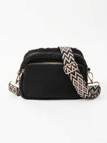 女士毛绒斜挎包，波西米亚风撞色胸包，配肩带，新款秋冬麂皮绒面料时尚大容量手提包/手拿包，多口袋设计，适合日常出行、购物、旅行，可装手机、零钱、化妆品等。