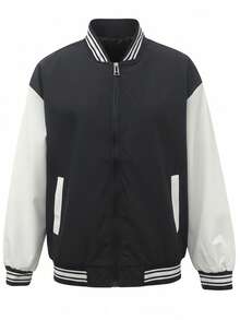 Jachetă Varsity pentru femei, toamnă și iarnă, jachetă bomber de baseball, haină exterioară în stil universitar cu fermoar alb-negru, jachetă casual la modă pentru fete