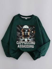 Tween Boy Back To School Cartoon Coffee Mug Character Print Crewneck Pullover Sweatshirt - Soft, Machine Washable, Versatile - Fall Winter Casual (Fashion Staple, Halloween ) - Green - View 3