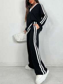 Contrast Side Seam Drop Shoulder Pullover & Pants - Black - View 2
