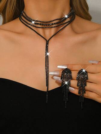 1 件奢华优雅风格，黑/白多层流苏项链闪耀水钻新娘，精致气质配饰，适合宴会和婚礼，创意礼物