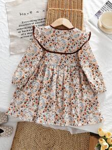 年轻女孩宽松碎花翻领长袖连衣裙，学院风 - 橘色 - 查看 2