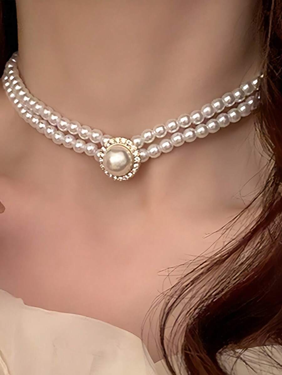 1 chiếc vòng cổ ngọc trai đính đá Rhinestone tinh tế và thanh lịch, vòng cổ choker thời trang cho bé gái, thích hợp làm quà tặng sinh nhật hoặc ngày lễ - trắng - Xem 1