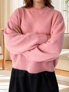 Women's Long Sleeve Sweaters Solid Color Crew Neck Loose Fit Pullover Knit Tops For Fall Winter - Rosa - Ver 3