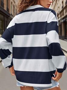 Y2k Women Striped Rugby Polo Shirt Long Sleeve Collared Oversized Vneck Sweatshirt Vintage Jersey Girls Streetwear - 深色水洗藍 - 查看 3