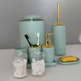 8/9 piezas Juego de accesorios de baño enchapados en oro, bandeja, soporte/set, cepillo de baño, papelera decorativa de baño y regalos para el hogar, bandeja larga, acrílico, frasco vacío, frasco de almacenamiento multiusos