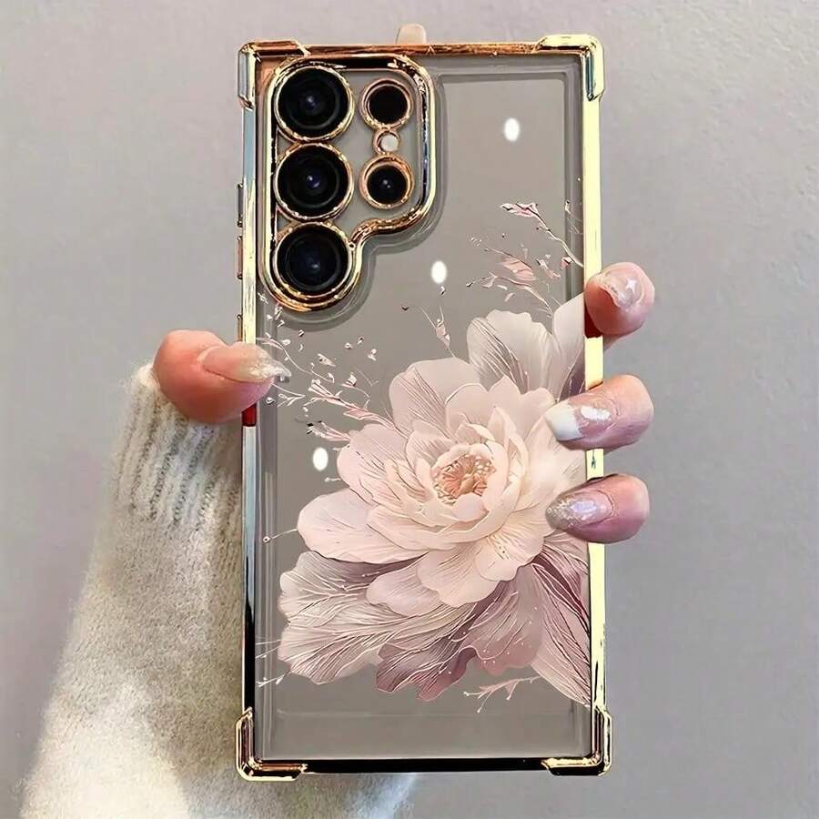 Flower Four-Corner Airbag Electroplated Phone Case Suitable For Samsung GALAXY S25 ULTRA S24 Plus S23 Fe , Compatible With  17 AIR 16 Promax 15 Pro Max Case 14,  13 Cases Protective Black Cover For Both Men And Women Gift. - 黑色 - 查看 1