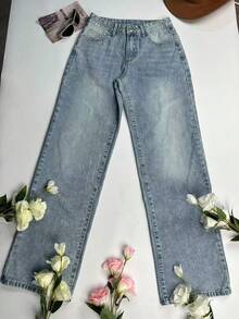 高个女款春夏复古水洗直筒牛仔裤，优雅休闲 - 藍色 - 查看 7