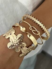 4pcs Vintage Exaggerated Floral Geometric Striped Twist Open Cuff Bracelet Set, Suitable For Women's Daily Wear, Gift, Stackable - Golden 22 - View 8
