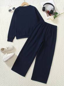 2pcs/Set Fashionable Butterfly Decor Round Neck Raglan Sleeve Sweatshirt And Loose Wide Leg Pants For Tween Girls Autumn - Blue - View 9