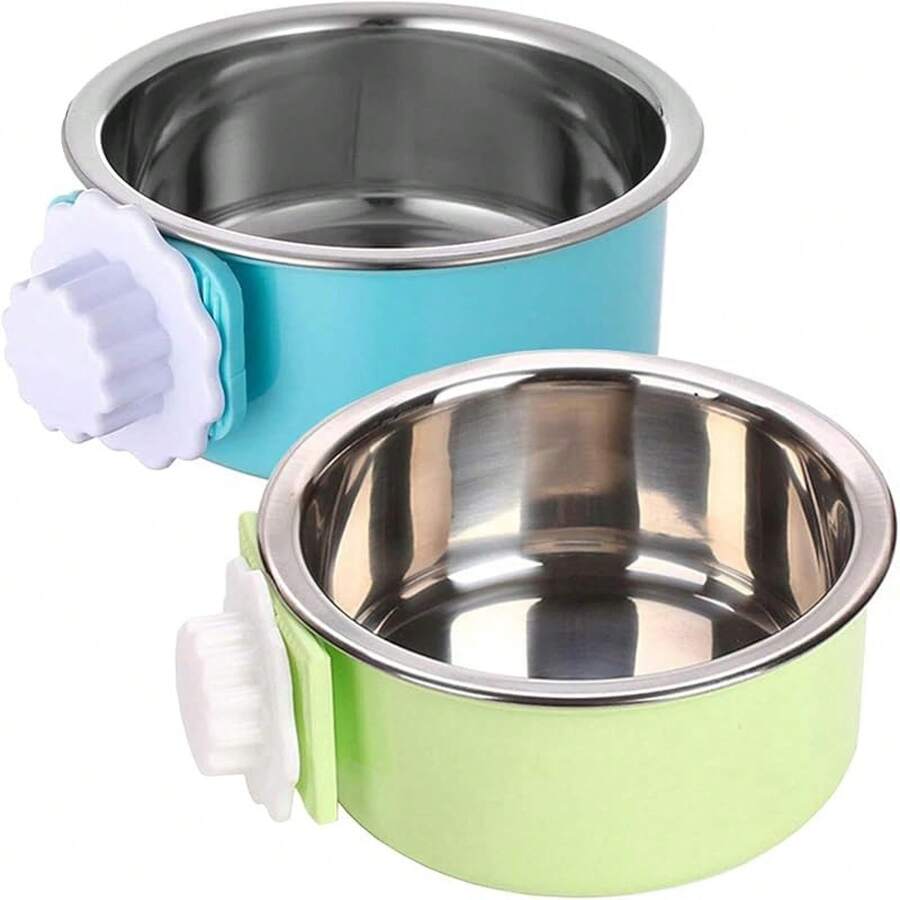 Kathson 2PCS Stainless Steel Dog Bowls Set Removable No Tip Puppy Food And Water Feeder Bowl Basic Metal Small Dog Bowls For Dogs Cats Rabbit Guinea Pigs Ferret FUOT - Ukuran: M (Biru, Hijau) - View 1