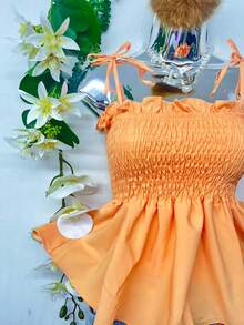 T109Crop Top With Straps And Ruffles - Coral Orange - View 3