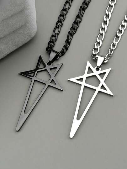 Colgante de acero inoxidable con forma de estrella hueca, estilo misterioso, a juego con una cadena cubana en colores negro y plateado, joyería de moda para hombres y mujeres