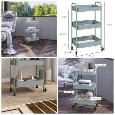 3 - Tier Storage Trolley On Wheels, Metal Storage Cart, Rolling Ultility Cart With 3 Mesh Baskets Living Room, Kitchen, Black
