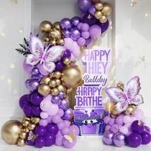 122 balões de látex roxo e dourado, balões metalizados de borboleta e decorações de borboleta, adequados para aniversário, casamento, chá de panela, formatura, aniversário, batizado, verão, festa temática, cenário, decoração de casa, dia dos namorados