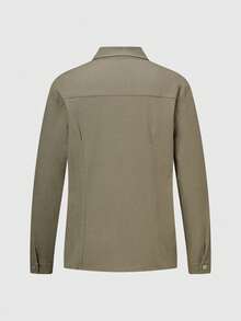 Women's Green Gray Ruffled Denim Shirt – Slim Fit Stretch Button Down Top, Feminine Casual Utility Style - Grey - View 4