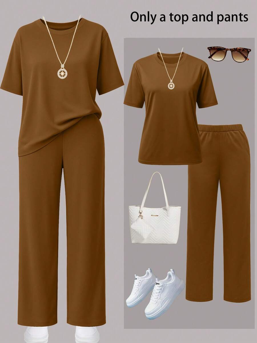 Women's Casual Solid Color Round Neck Short Sleeve Top And Elastic Waist Pocket Wide Leg Straight Pants 2 Piece Set, Lightweight Non-Sheer Polyester Fabric, Spring/Summer/Autumn - Brown - View 1