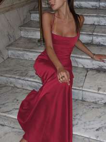 Women Summer Solid Backless Lace Up Satin Long Dress Bodycon Sexy Slim Elegant Party Dress Prom Evening Clothes