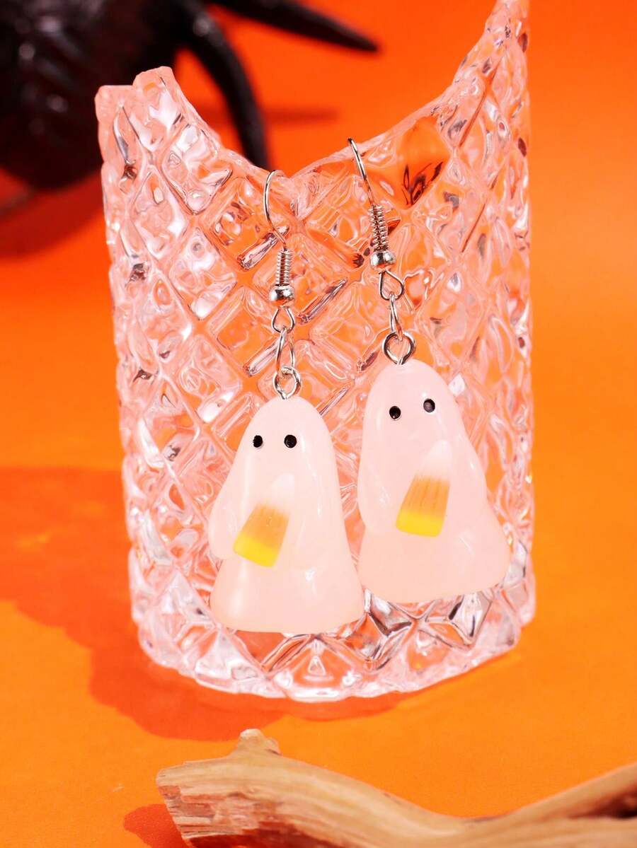1 Pair Halloween Unique Fashion Cute Creative Resin Ghost Holding Corn Shaped Dangle Earrings, Halloween Gift For Women