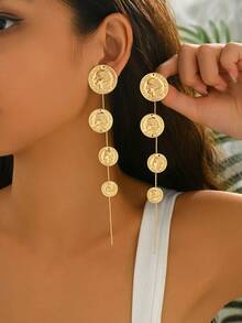1 Pair New Autumn/Winter Long Tassel Geometric Goddess Head Coin Elegant Everyday Earrings