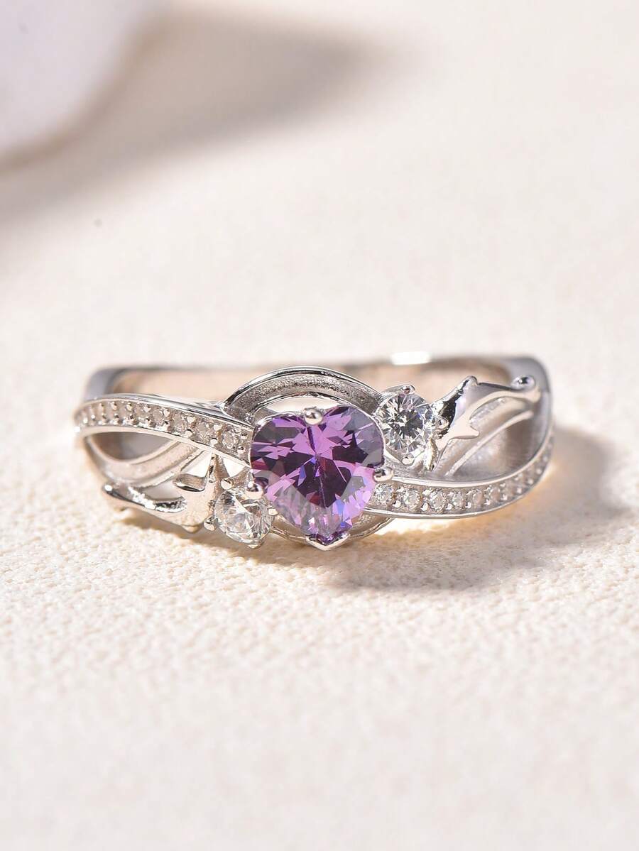 1pc S925 Silver Dolphin Heart Shaped Ring With Purple Main Stone, Suitable As Jewelry Gift For Wedding, Party, Birthday, Friends & Family, Mother's Day