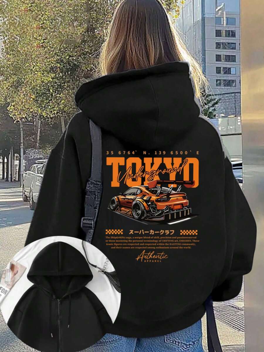 Mujer005-1 Sudadera con capucha y cremallera para mujer invierno sudadera de manga larga cómoda suave Cazadora con estampado de coche de carreras en la espalda, con el texto "TOKYO Underground" en colores llamativos, ideal para amantes de la cultura automovilística y la moda urbana - Negro - Ver 1