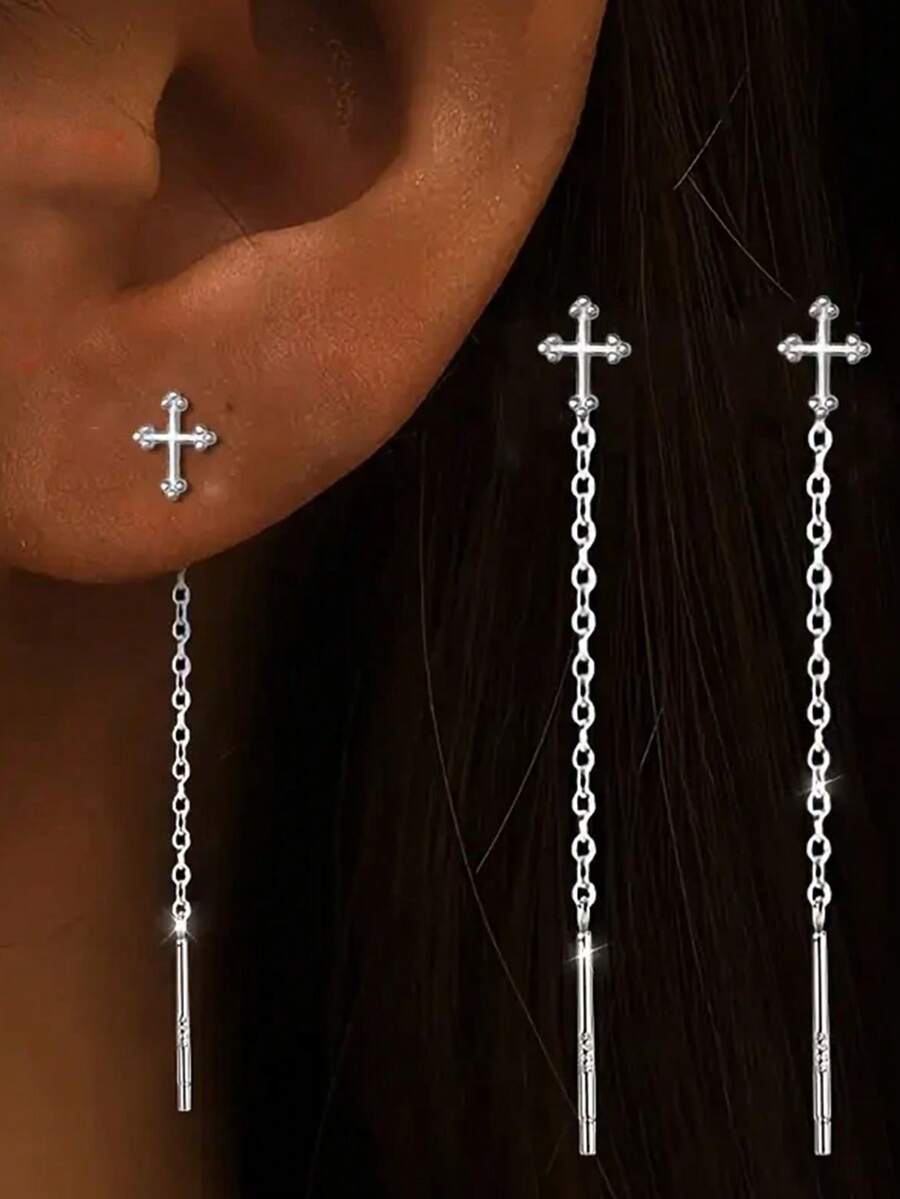 2 PCS S925 Sterling Silver Earrings Fashionable Personalized Smooth Cross Earrings For Women Birthday Party Gifts Daily Vacation Accessories