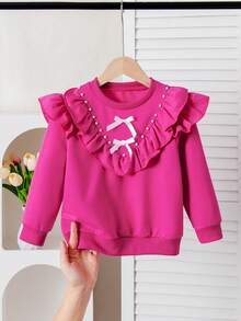 Girls Elegant Pearl Bow Blouse, With Ruffle Hem + Pearl + Criss-Cross Bow Ribbon, Sweet And Chic With Elegance, Suitable For School With Pleated Skirt Or Casual Wear, Autumn/Winter - Hot Pink - View 1