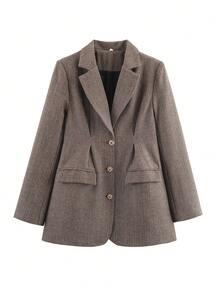 新款秋冬女装外套人字呢毛呢加厚金属绒纽扣装饰腰翻领休闲西装外套通勤优雅日常办公室夹克套装 - 咖啡棕 - 查看 10