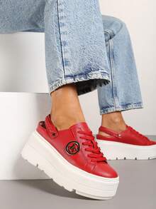 女士休闲豹纹厚底运动鞋，春秋季款 - 紅色 - 查看 2