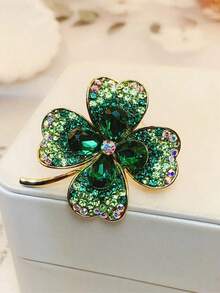 "Exquisite Four-Leaf Clover Brooch For Women, High-End Sparkling Green Suit Pin, Elegant Lucky Clover Pin Accessory For Formal & Casual Outfits" - màu xanh lá - Xem 2