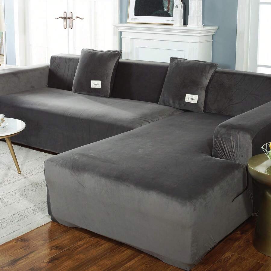 2 Piece Velvet L-Shaped Sofa Cover, Modular Sofa Cover, Stretch Sofa Cushion Cover, Corner Sofa Cover With Pillowcases For 3-Seater + 4-Seater With Pillowcase - Màu xám đen - Xem 1
