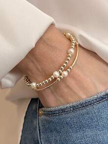 2pcs Baroque Asymmetrical Faux Pearl Beaded Bracelet Set, Vintage Gold Color Bracelet, Suitable For Women's Daily Wear, Dating, Summer Outing, Beach Vacation, Party, Holiday Gift, Jewelry Gift