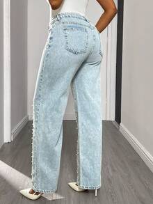 女士珍珠铆钉直筒牛仔裤 - 淺色水洗藍 - 查看 2