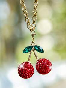 1pc Car Rearview Mirror Cherry Rhinestone Decorative Pendant For Women's Interior Decoration Accessories - Multicolor - View 7