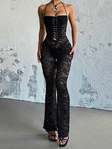 Sexy Sheer Lace Criss-Cross Halter Neck Skinny Jumpsuit Black - 黑色 - 查看 5